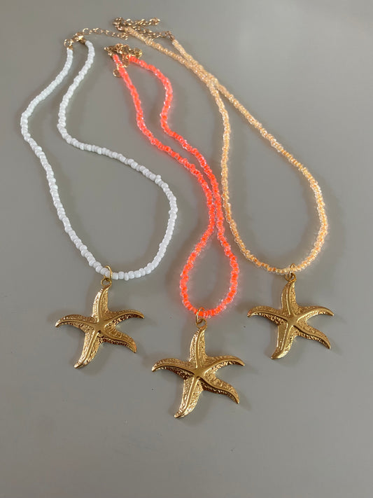 Kettingen van rijstkralen of glaskralen met daaraan een rvs zeester.