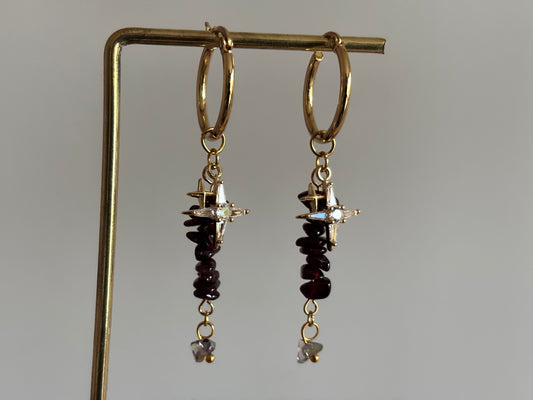 rvs ring, zirkonia vierpuntster, natuusteen strengetje zwart, eindbedel glas