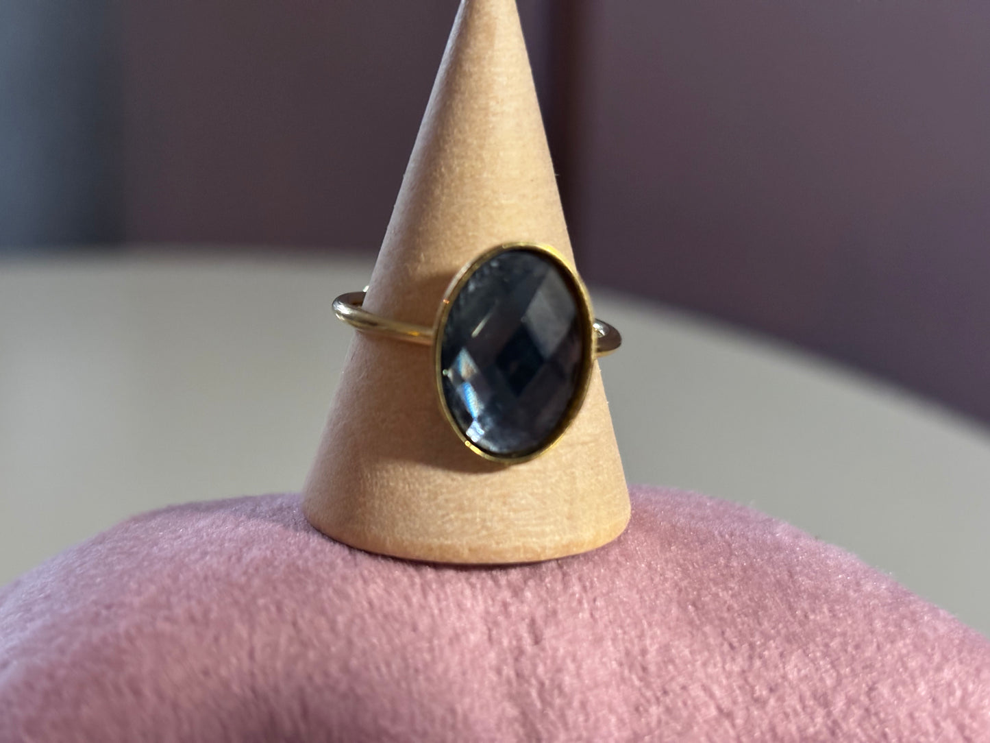 verstelbare cabochon ring donkergrijs, ovaal