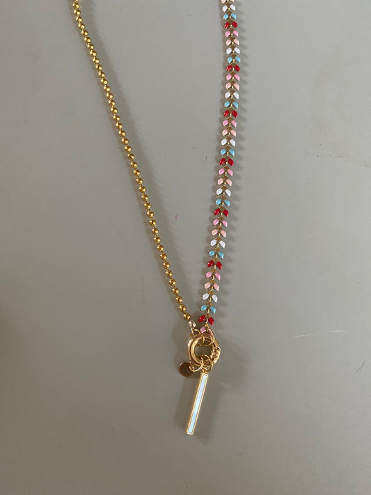 Honu ketting met multicolor emaille blaadjes, RVS bolletjes, 50cm