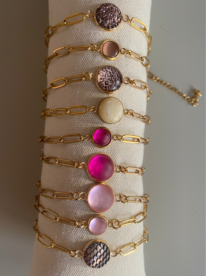 rvs schakelarmbanden in meerdere kleuren. lichtroze fuchsia, rose glitter, rosé, panter