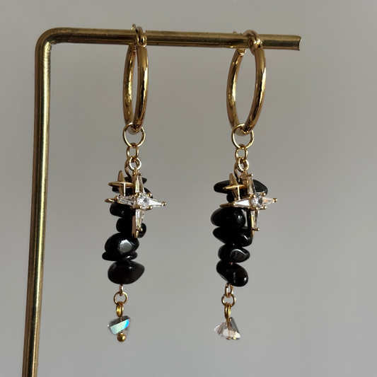 rvs ring, zirkonia vierpuntster, natuusteen strengetje zwart, eindbedel glas