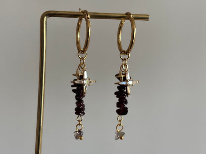 rvs ring, zirkonia vierpuntster, natuusteen strengetje zwart, eindbedel glas