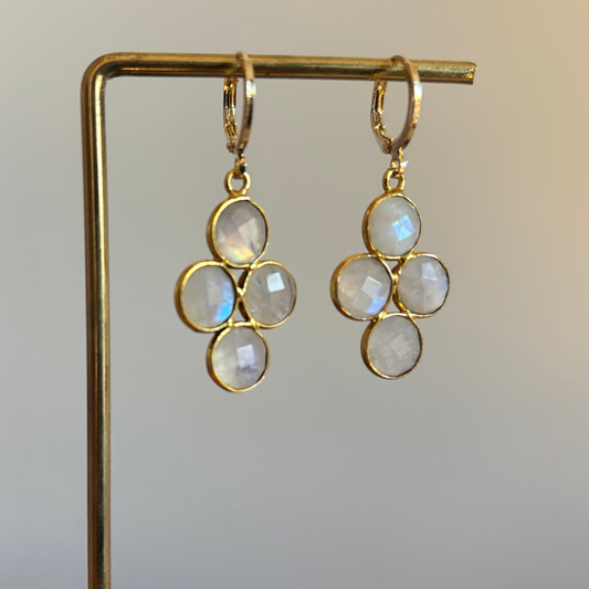 "Kleine gouden oorbellen met een ronde witte maansteen die verdeeld is in vier gelijke vlakken."