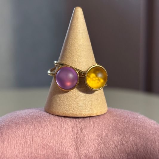 Verstelbare ringen van roestvrij staal met cabochon in verschillende kleuren en patronen – panterprint, roze tinten, rosé schubben en glitter.