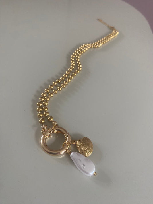Hoogwaardige Stainless steel gouden bolletjesketting met bedel mogelijkheid  parel en schelpbedel