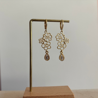 Symmetrische goudkleurige oorbellen Odile aan een rekje, opgebouwd uit een opengewerkte hanger van kleine filigraan bloemetjes en een hangend helder kristal in druppelvorm.
