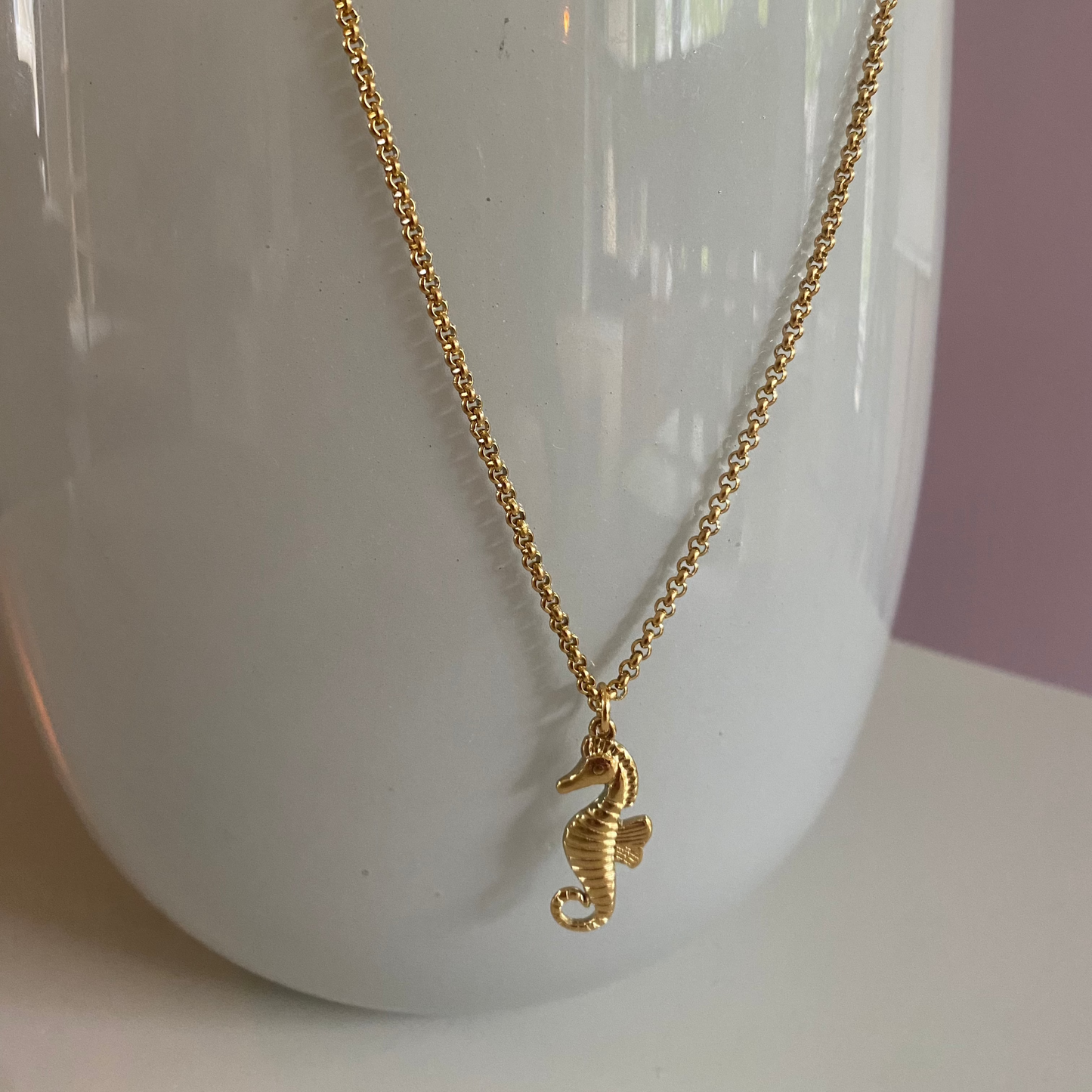 Vergulde RVS ketting met daaraan een 14K verguld zeepaardje als bedel.