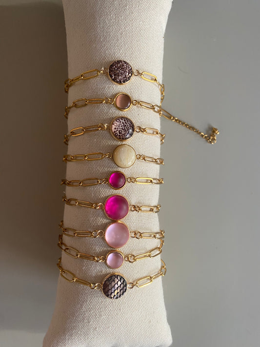 rvs schakelarmbanden in meerdere kleuren. lichtroze fuchsia, rose glitter, rosé, panter