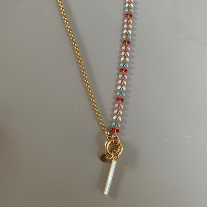 Honu ketting met multicolor emaille blaadjes, RVS bolletjes, 50cm