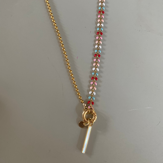 Honu ketting met multicolor emaille blaadjes, RVS bolletjes, 50cm